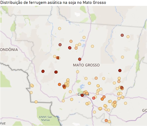 Site do Indea disponibiliza mapa da dispersão da ferrugem asiática